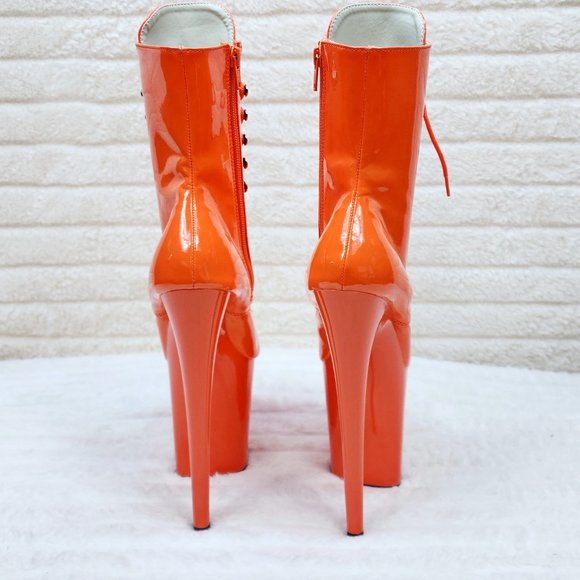 Flamingo Bright Orange Patent Towering 8" High Heel Platform Ankle Boots - Picture 4 of 11